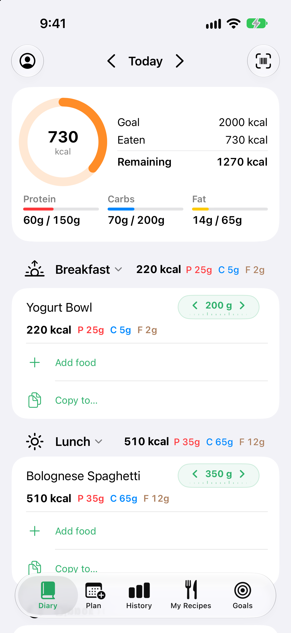 Grambit app screenshot showing daily calorie ring, protein and macro progress, Breakfast with Yogurt Bowl, and Lunch with Bolognese Spaghetti