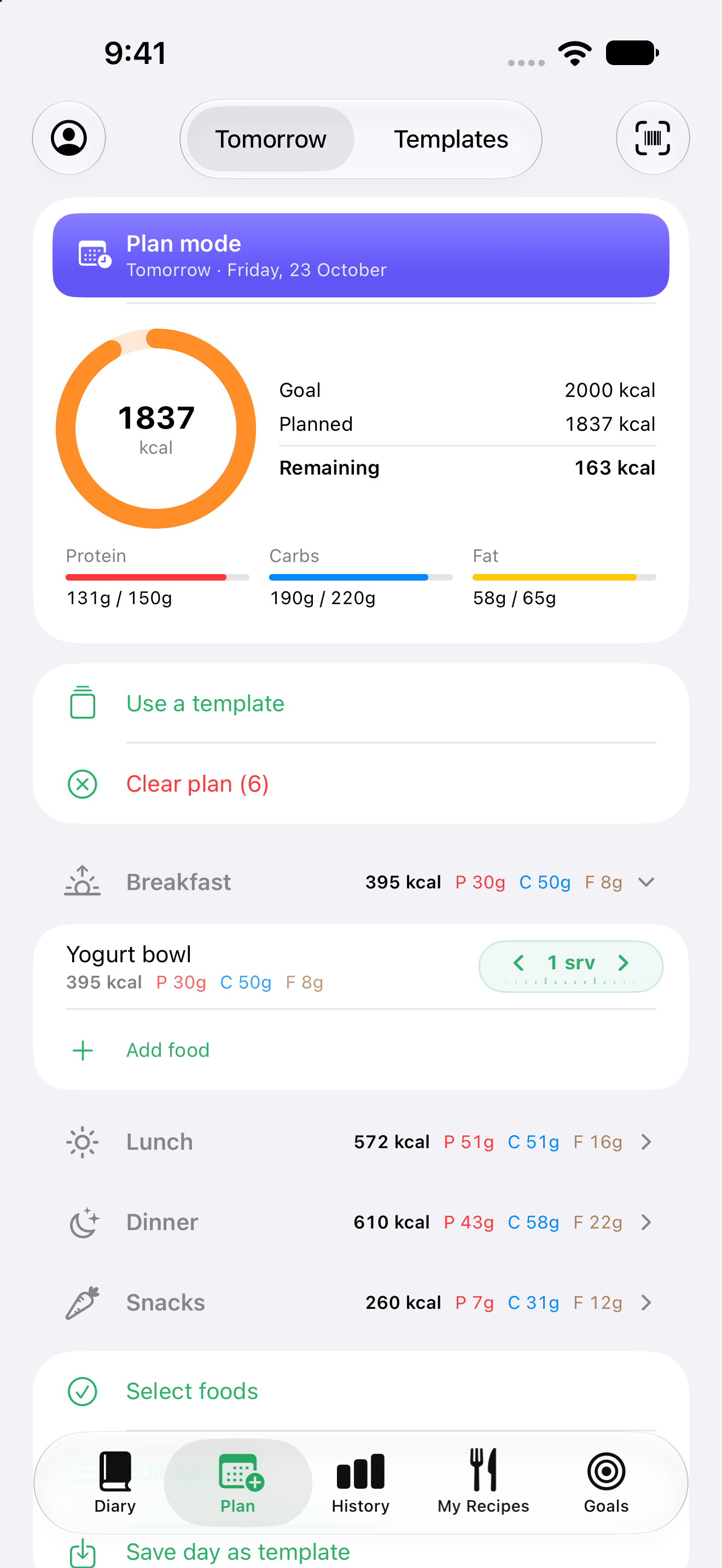 Grambit plan showing tomorrow's breakfast, lunch, and dinner with example calories and macro targets